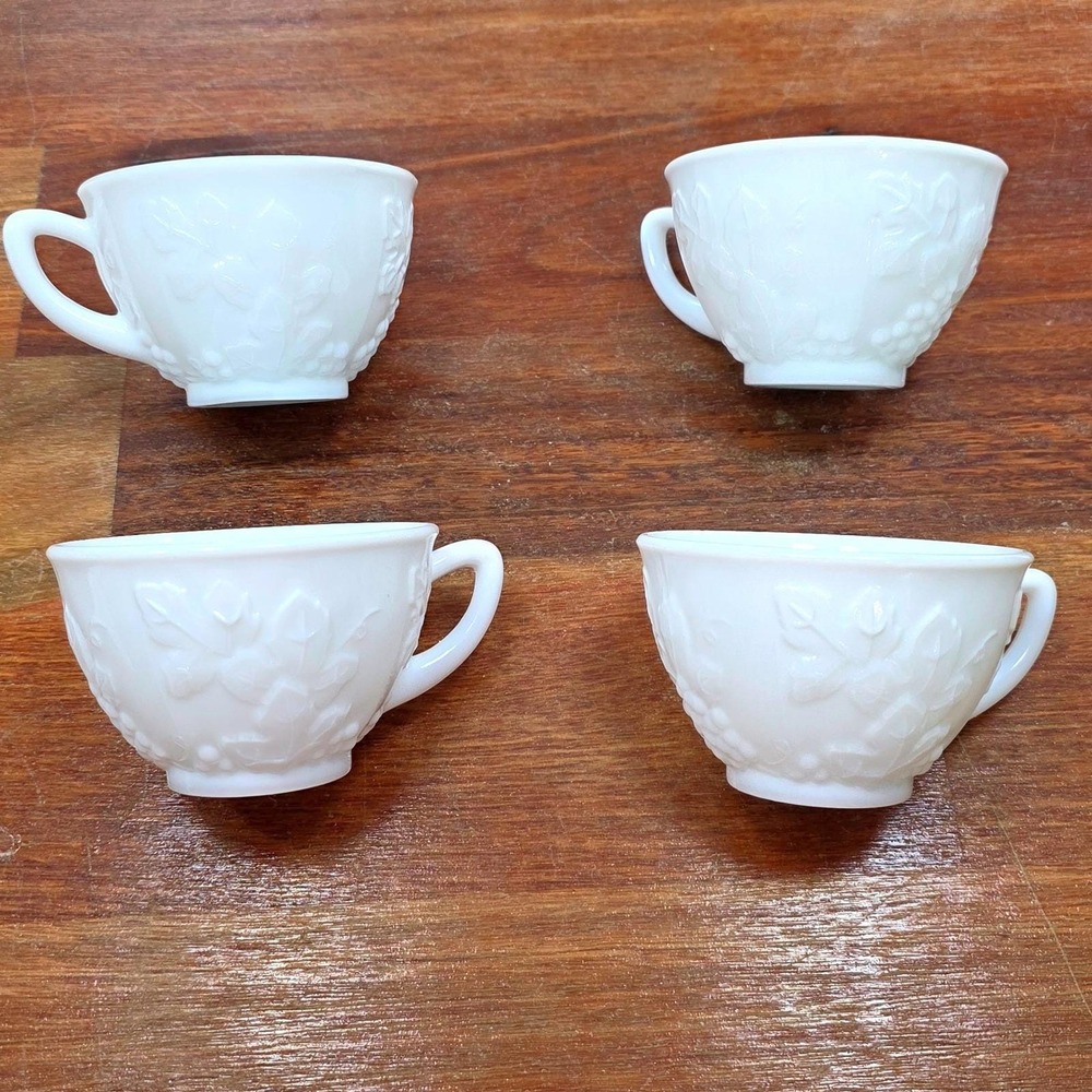 Vintage White Milk Glass Teacups Set of 4 Embossed Grapes Leaves Harvest Pattern